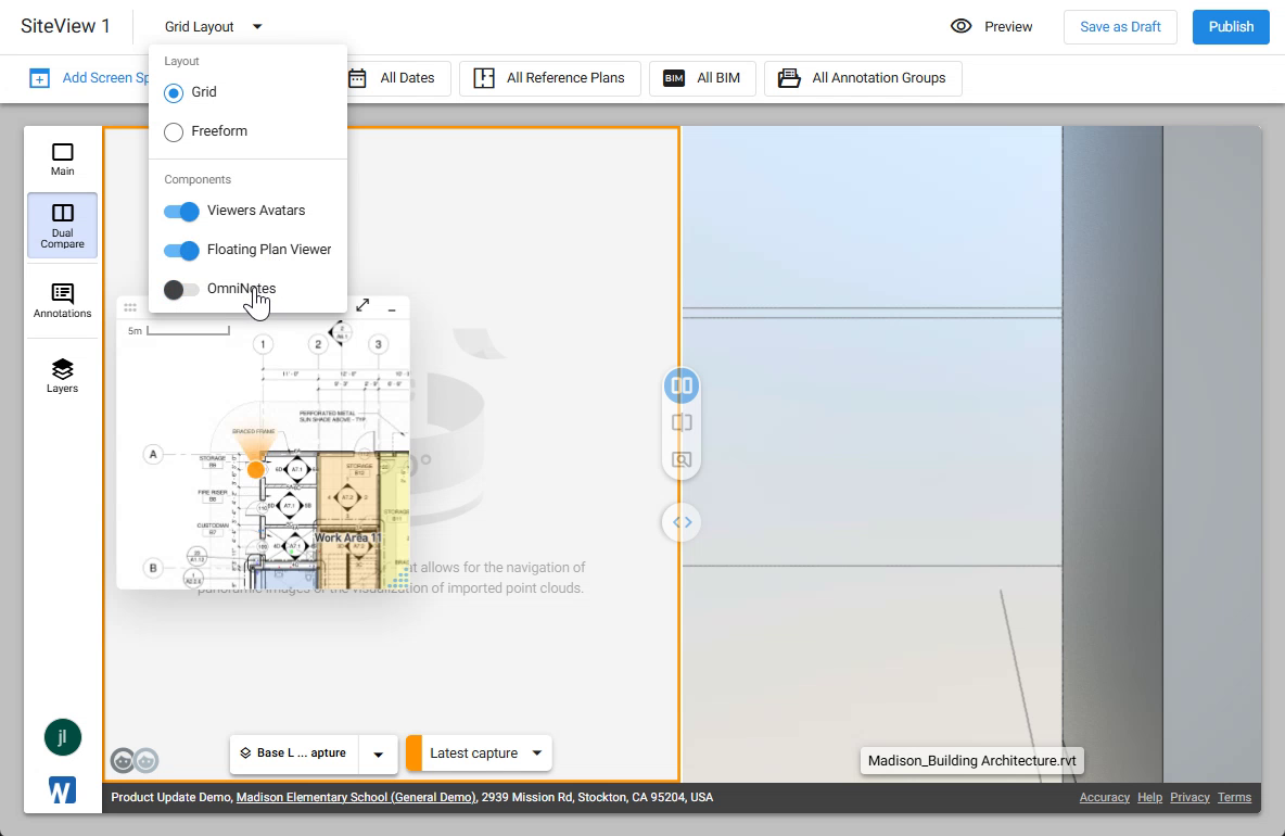Layout dropdown open showing Grid/Freeform radio buttons and the Components section with OmniNotes toggled off