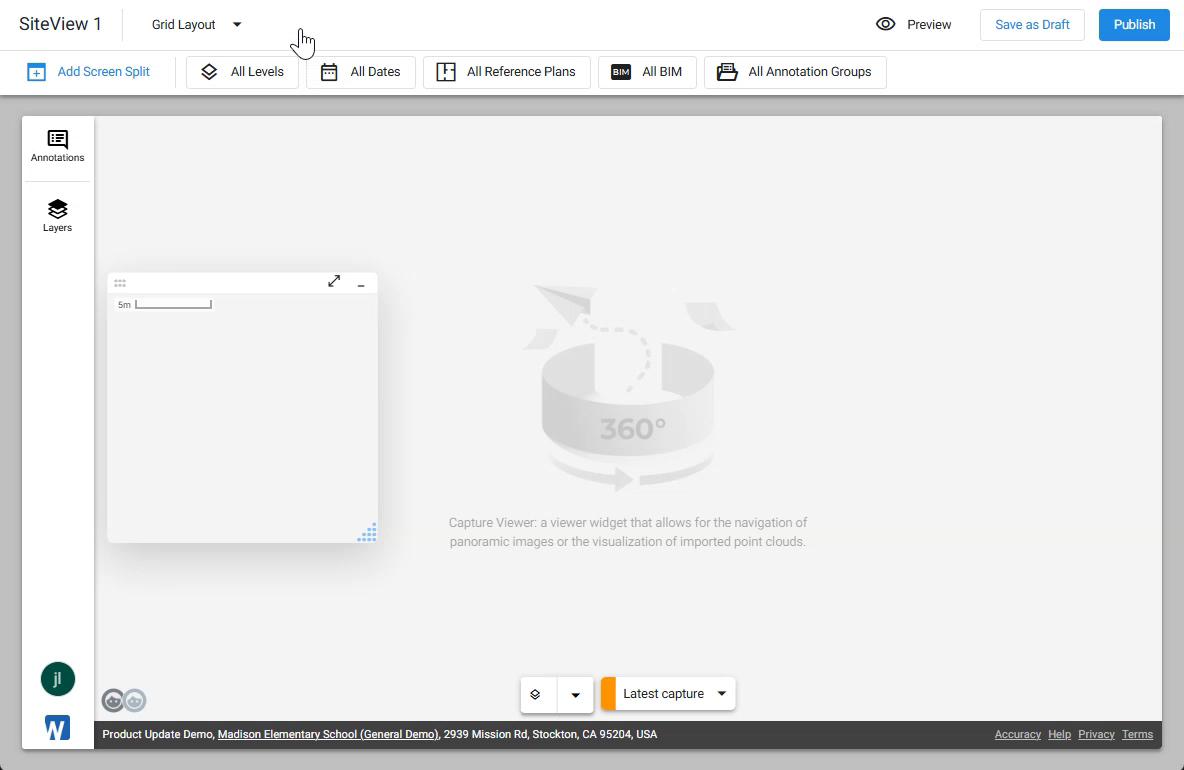 SiteView Designer interface with the layout dropdown, accessibility toolbar, left rail, and canvas labelled