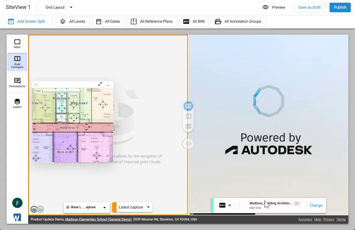 Dual Compare layout with a capture viewer on the left and a BIM viewer in Wall Only mode on the right, with the viewing-mode stack visible between the panes
