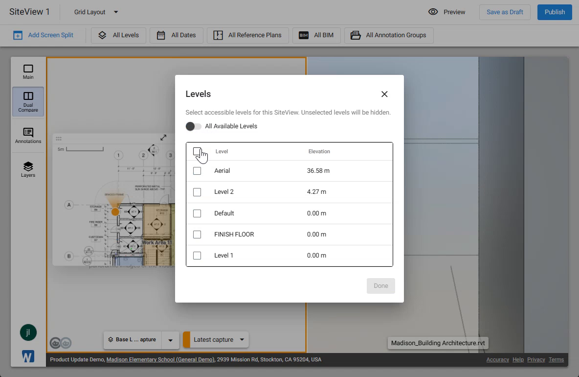 Levels dialog showing the master toggle and a list of per-level checkboxes with elevation values