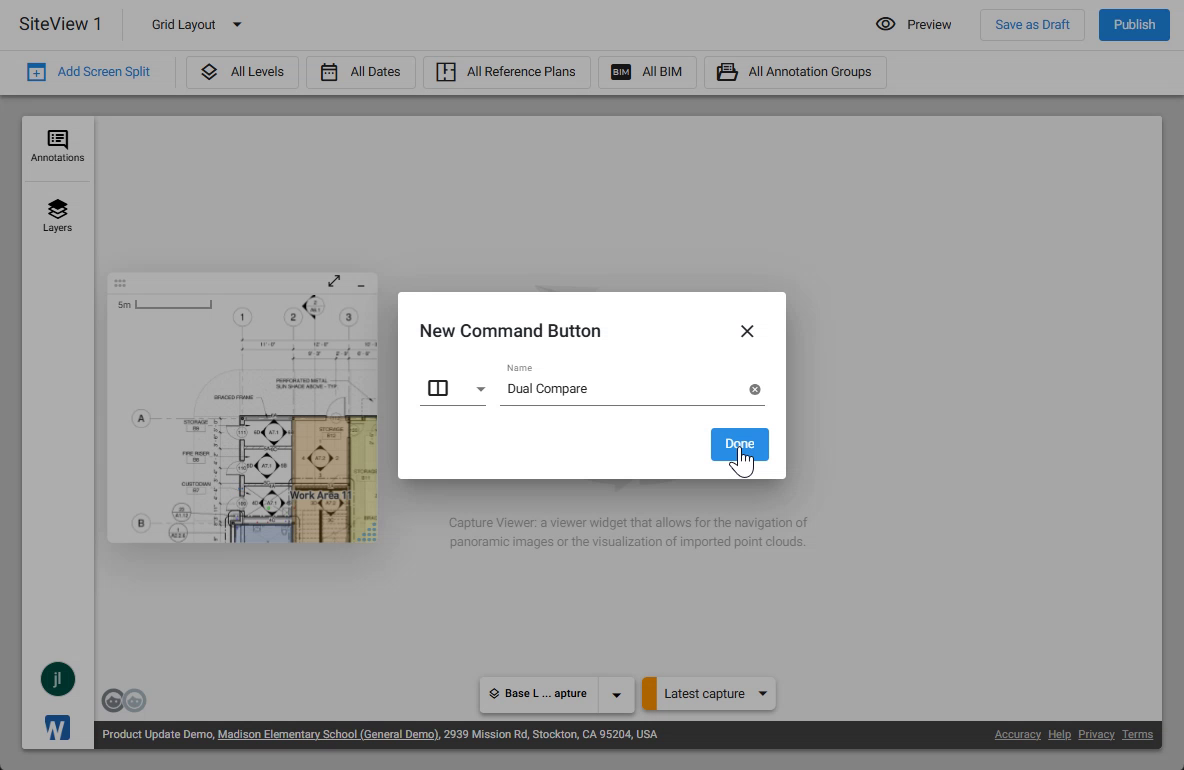 New Command Button dialog with the split-style icon picker and the name field containing Dual Compare