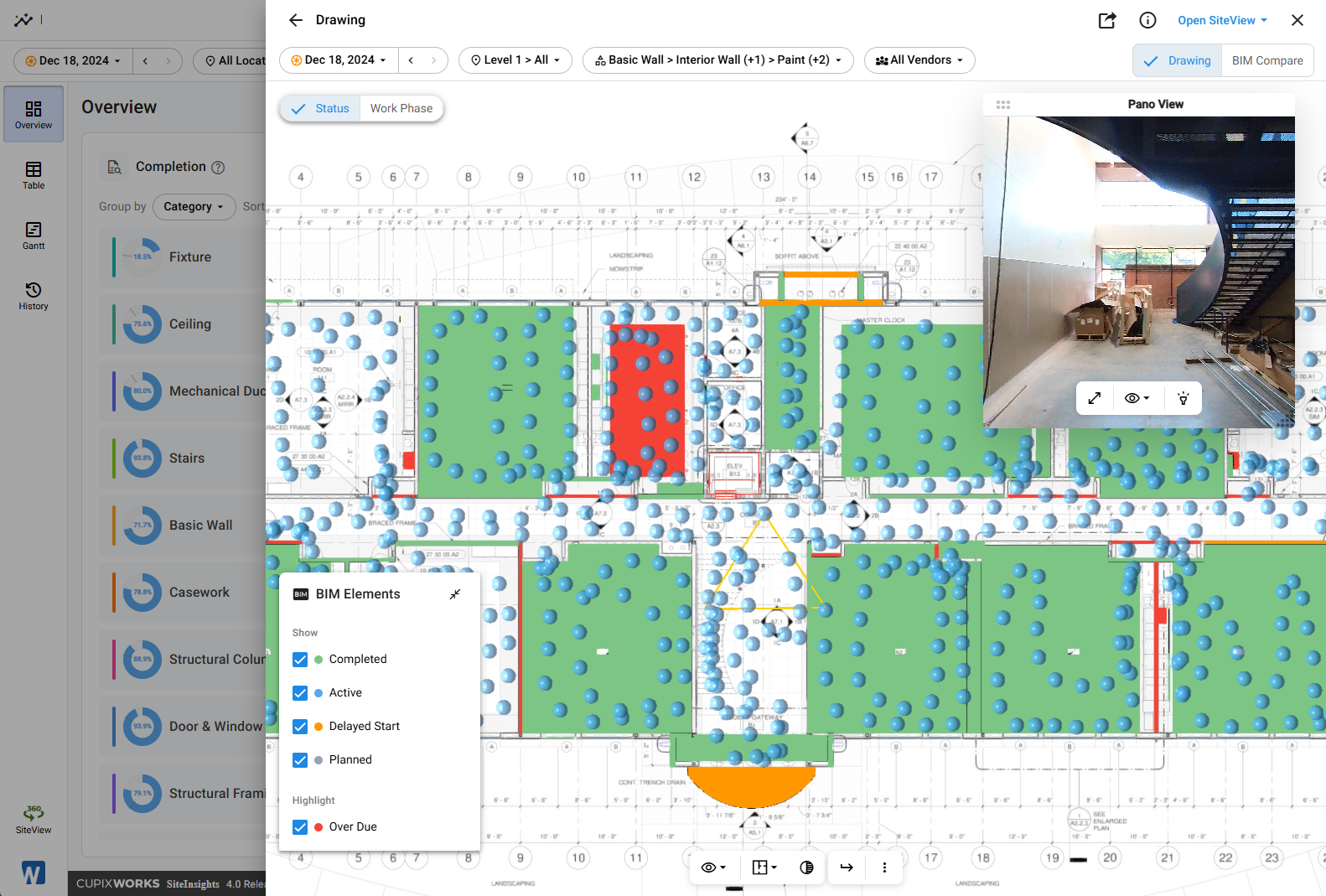 Drawing View split layout: 2D floor plan with capture points and BIM element overlay on the left, the 360 panorama on the right, and the BIM Elements legend panel at the bottom-left