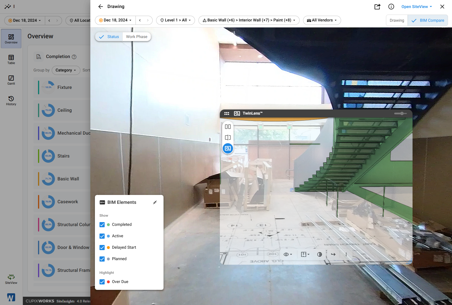 Drawing View in BIM Compare mode: the 360 panorama with the green as-planned BIM overlay, the TwinLens viewer with the Dual, Single Camera, and TwinLens mode buttons on its left, and the BIM Elements legend at the bottom-left