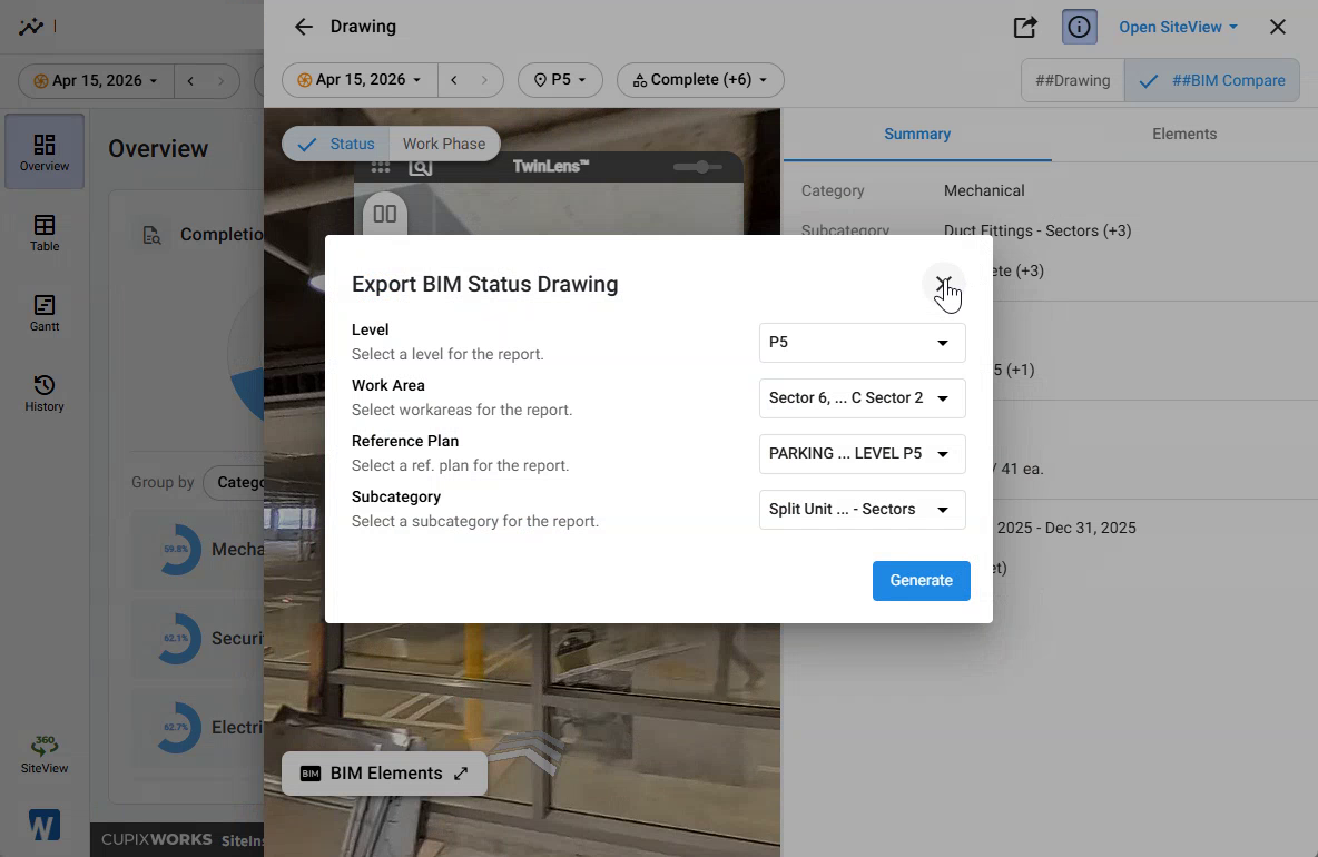 Export BIM Status Drawing dialog with Level, Work Area, Reference Plan, and Subcategory selectors and a Generate button