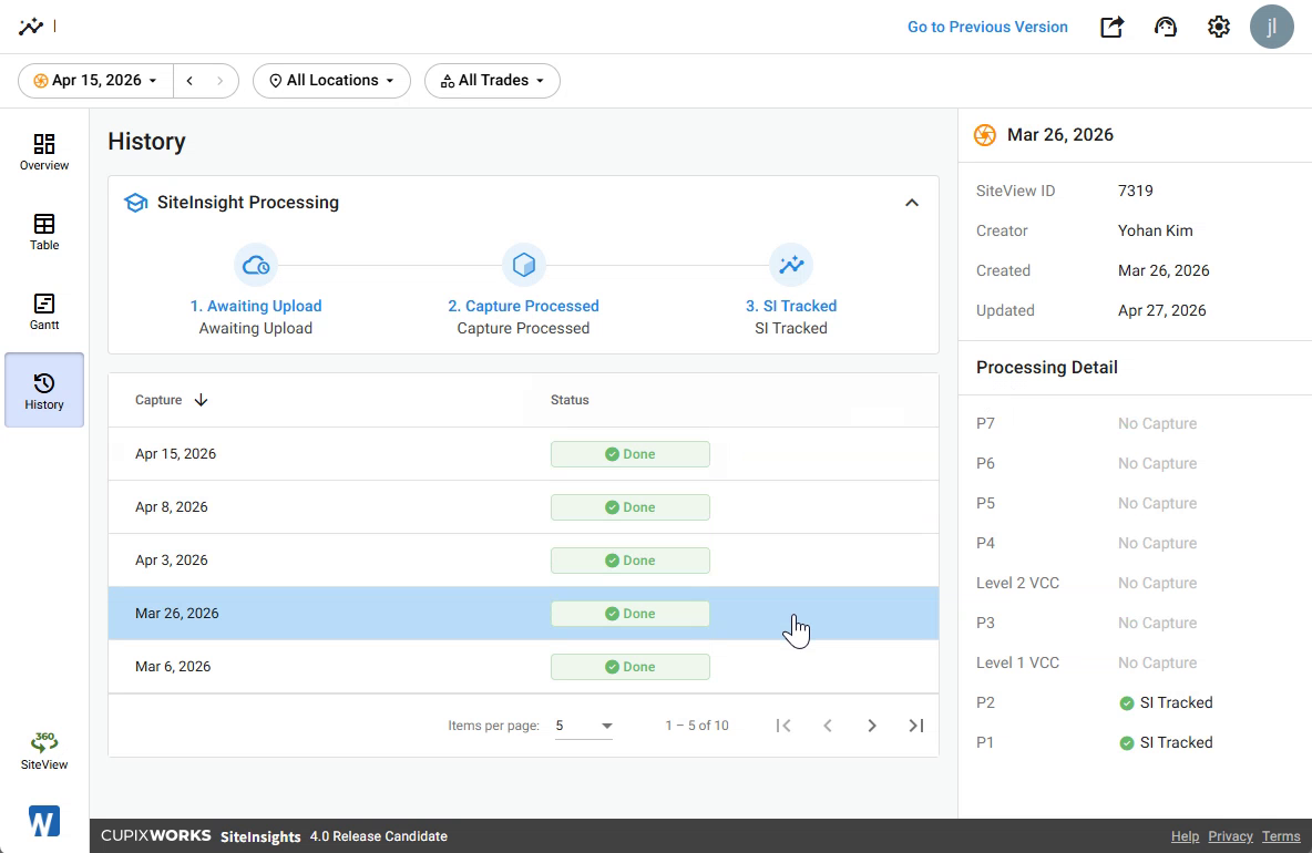History tab with the SiteInsights Processing pipeline (1), capture list (2), and Processing Detail panel (3) outlined