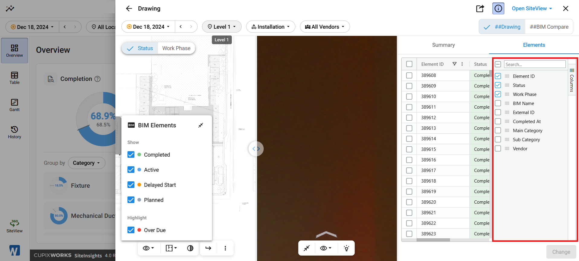 Work Detail panel with the Columns side panel open, showing checkboxes for Element ID, Status, Work Phase, BIM Name, External ID, Completed At, Main Category, Sub Category, and Vendor