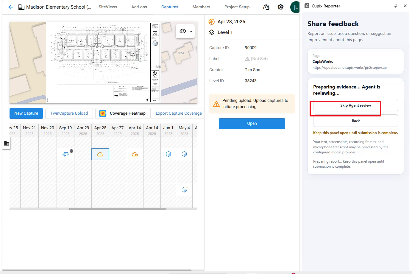 Panel showing Preparing evidence, Agent is reviewing, with the Skip Agent review button highlighted