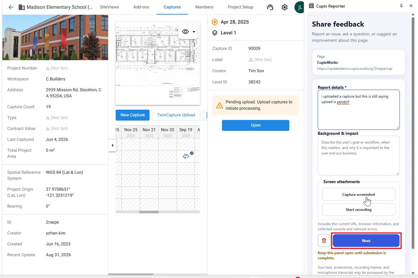 Share feedback panel beside a CupixWorks page with the Next button highlighted