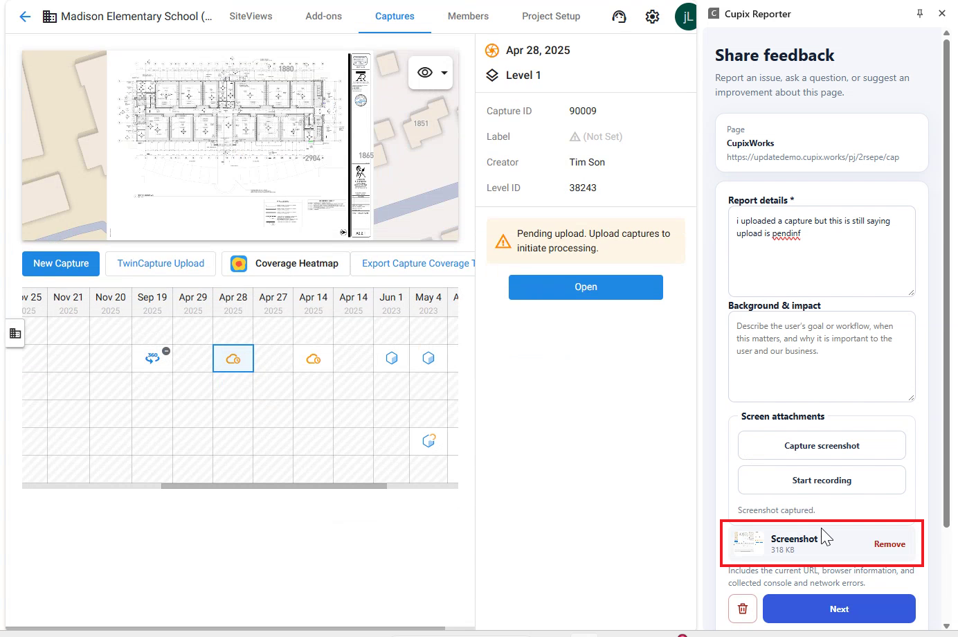Screen attachments section with the captured screenshot and its Remove link highlighted
