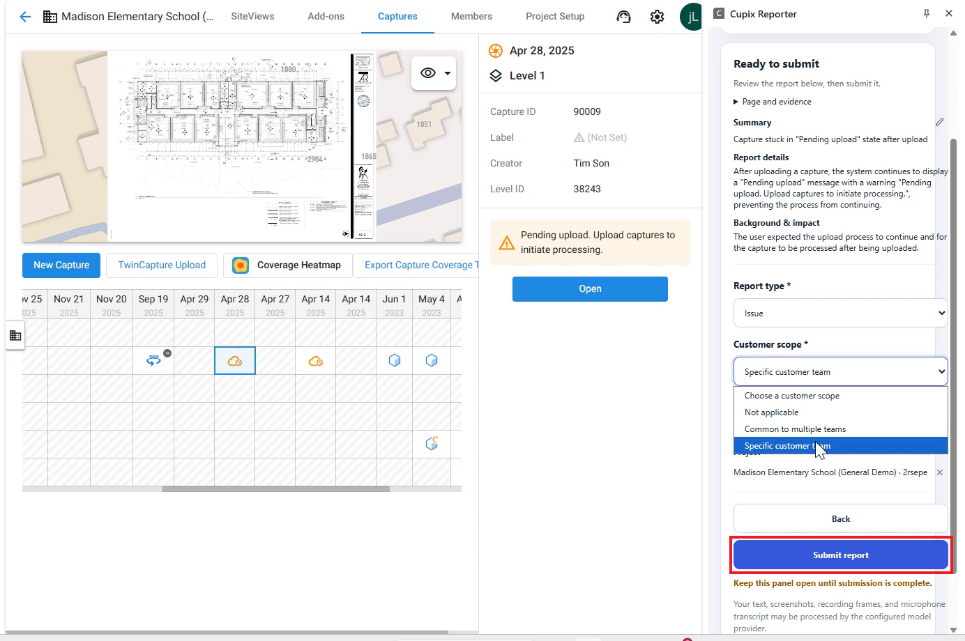 Ready to submit step with the classification fields set and the Submit report button highlighted