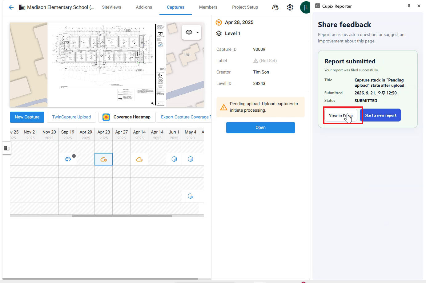 Report submitted card with the View in Prism button highlighted