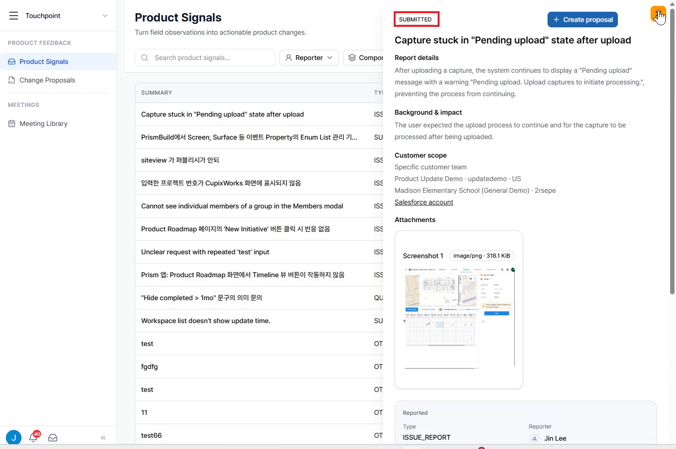 Product Signal detail panel with the report status highlighted