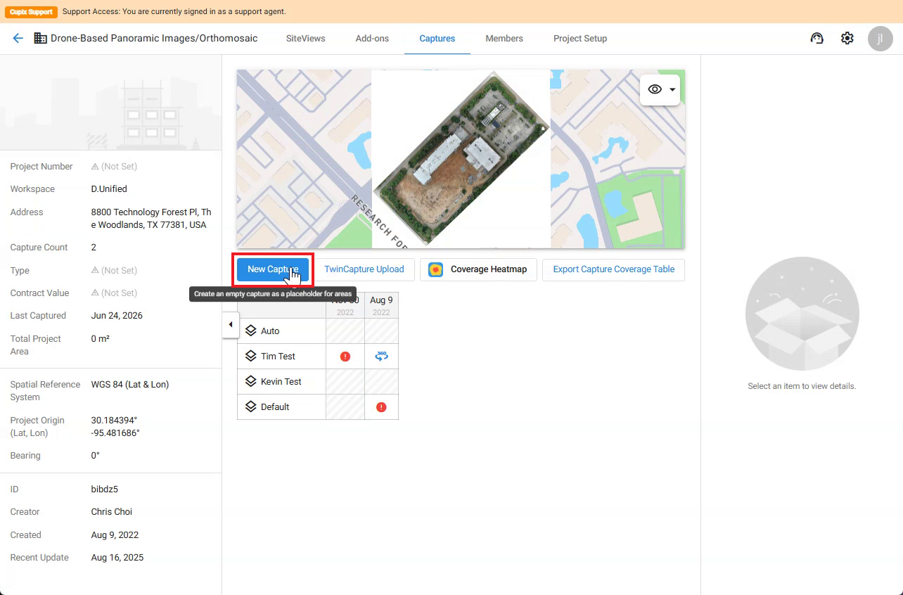 New Capture 버튼이 있는 Project Admin Center의 Capture 탭