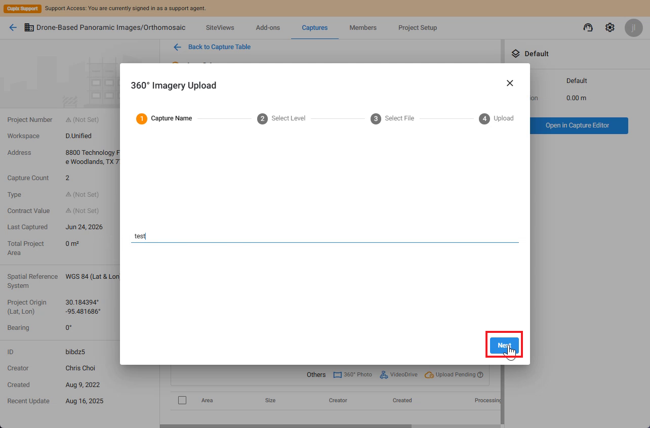 360° Imagery Upload 대화 상자의 Capture Name 단계