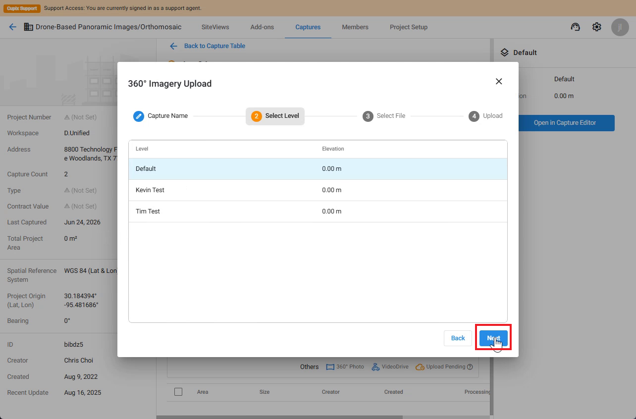 360° Imagery Upload 대화 상자의 Select Level 단계