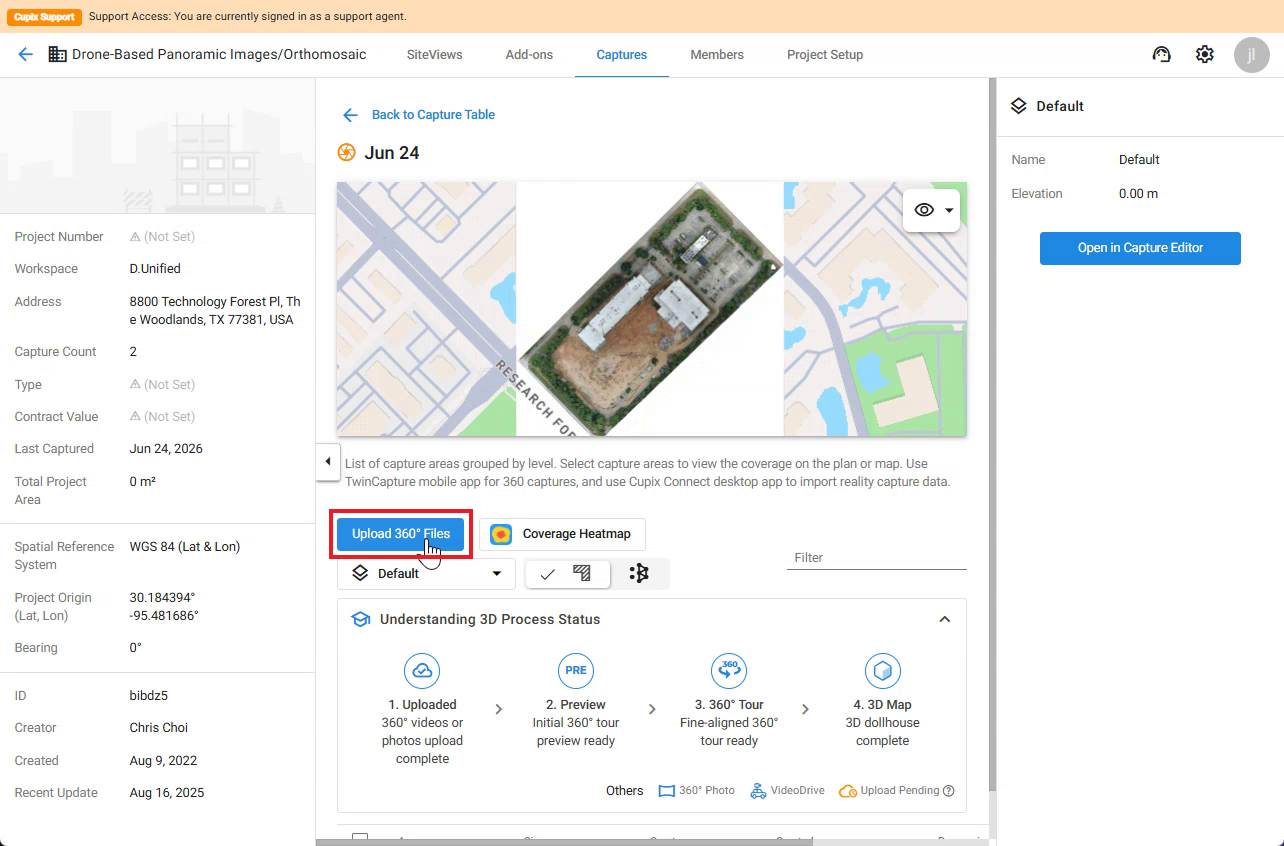 Upload 360° Files 버튼이 있는 캡처 상세 화면
