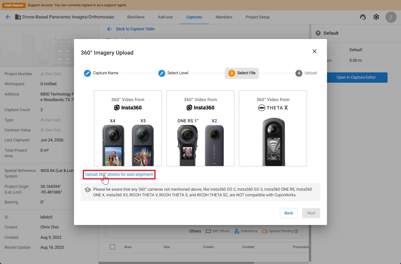 Select File 단계: 카메라 모델이 아니라 Upload 360° photos for auto-alignment를 클릭합니다