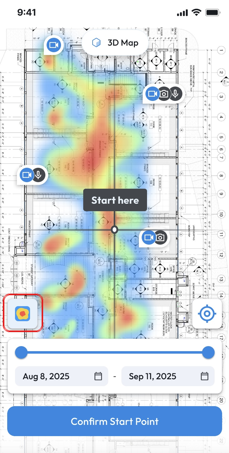 왼쪽 아래에 히트맵 아이콘이 강조된 Coverage Heatmap 표시 캡처 시작 화면