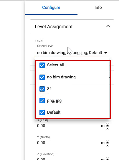 Select All과 레벨별 체크박스가 표시된 Level Assignment 드롭다운
