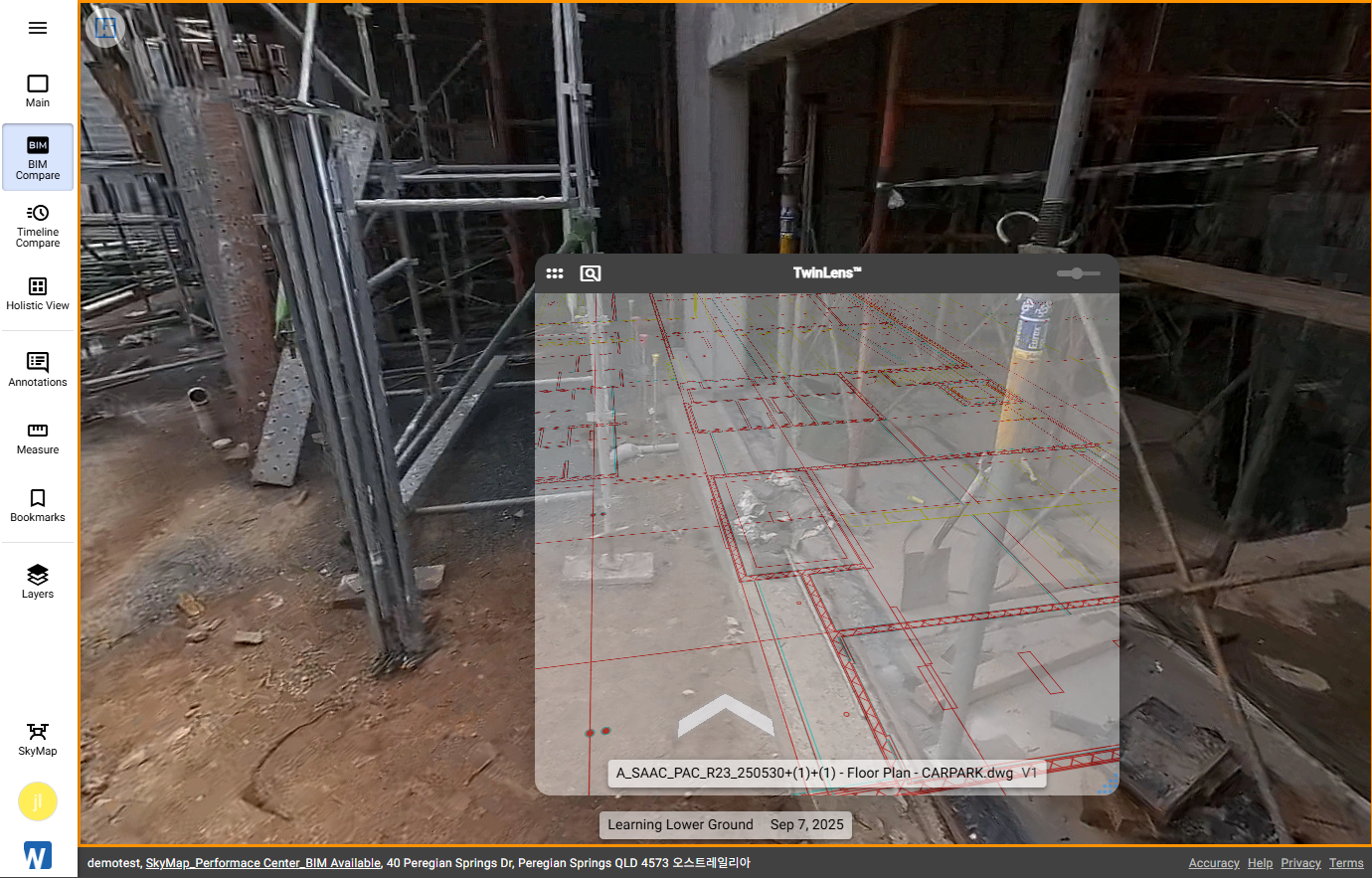 360 캡처 위에 DWG가 오버레이된 SiteView TwinLens 뷰