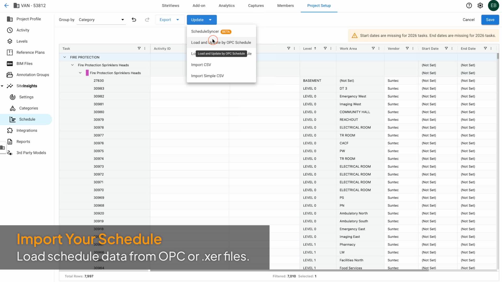 Update 메뉴가 열려 있고 Load and Update by OPC Schedule이 강조된 SiteInsights Schedule 편집기