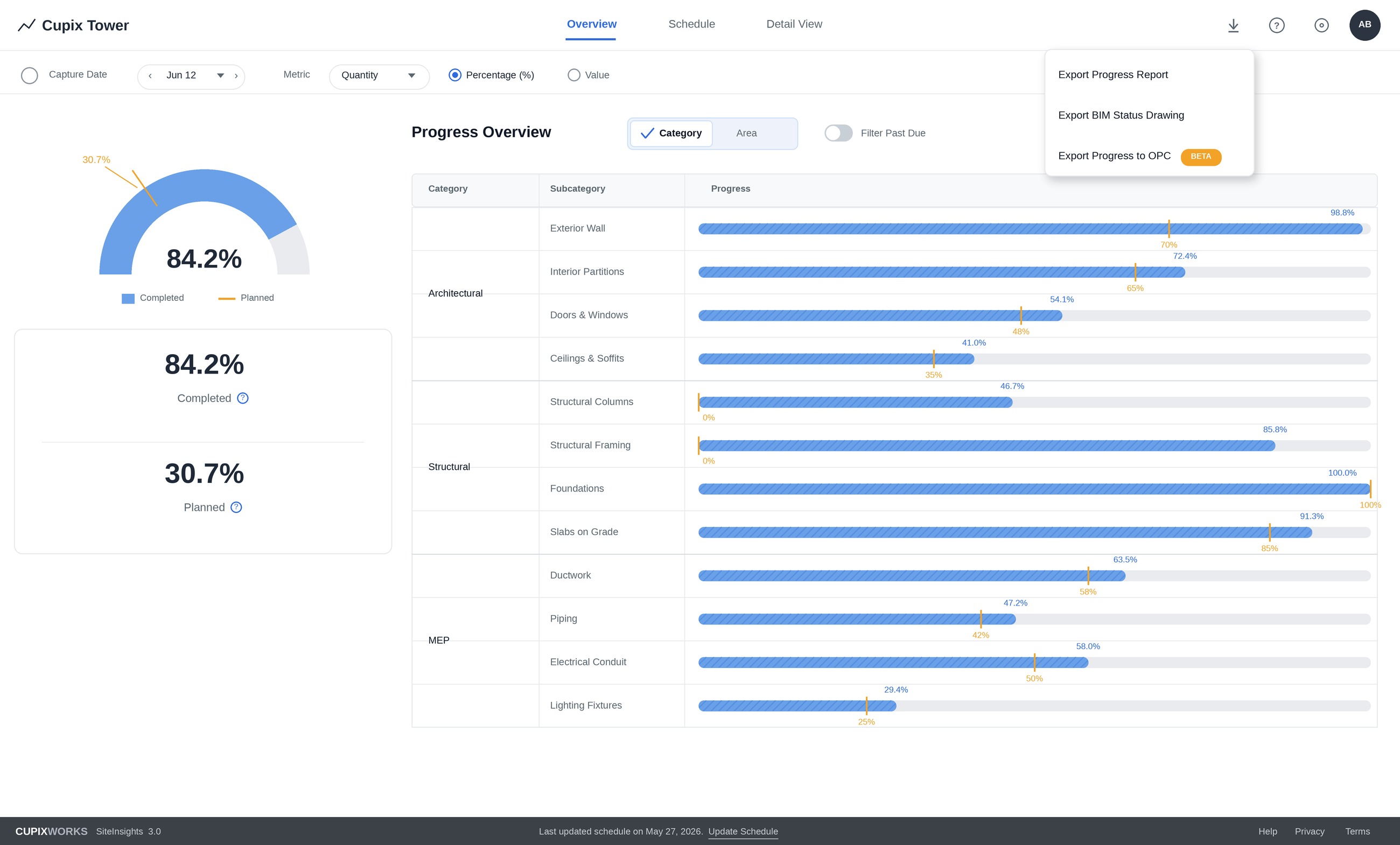 Export 드롭다운이 열려 Export Progress Report, Export BIM Status Drawing, Export Progress to OPC가 표시된 SiteInsights Overview 화면