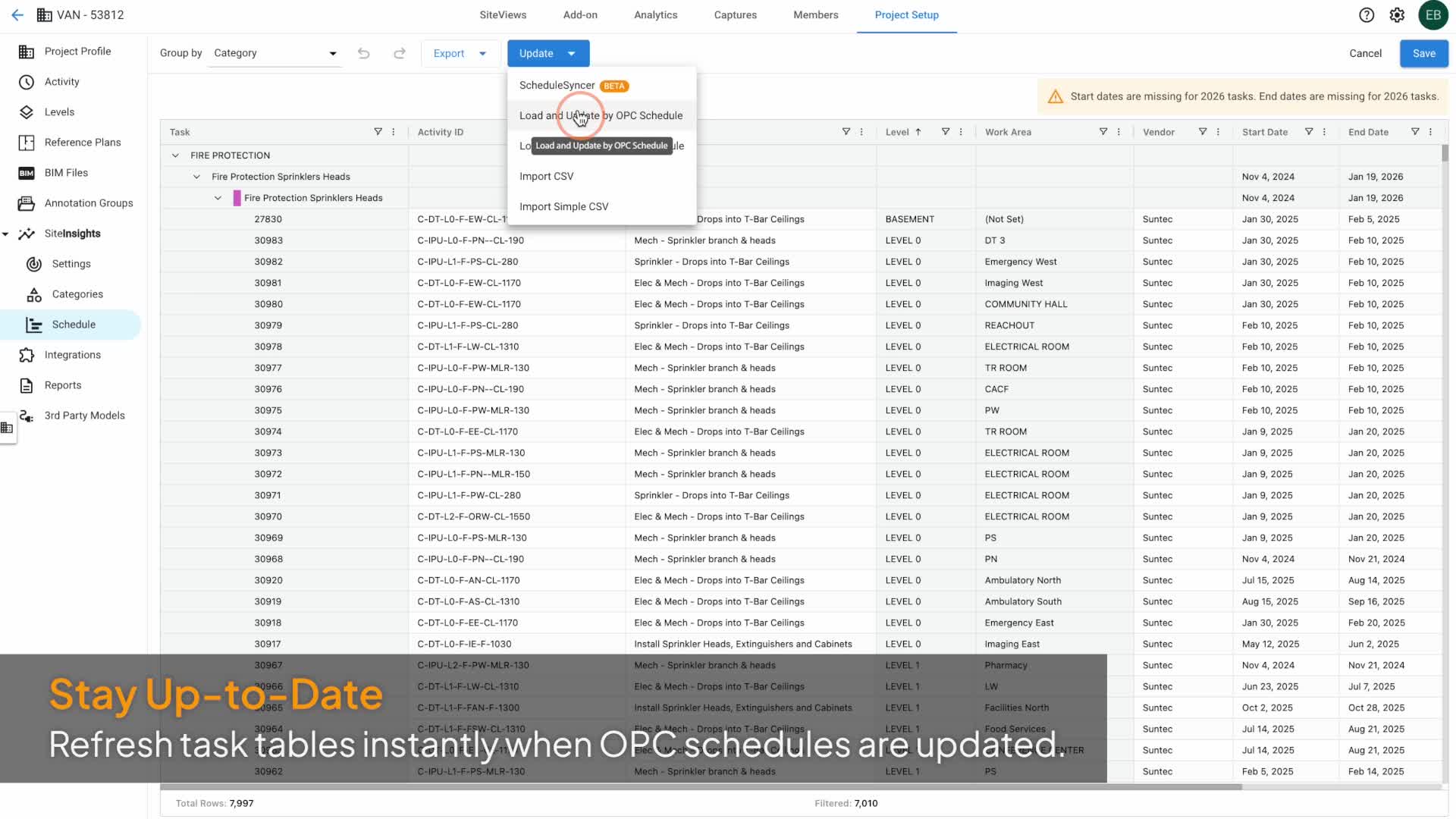 처음 가져올 때와 동일한 Load and Update by OPC Schedule 작업을 사용해 다시 동기화하는 중 Update 메뉴가 열려 있는 Schedule 편집기