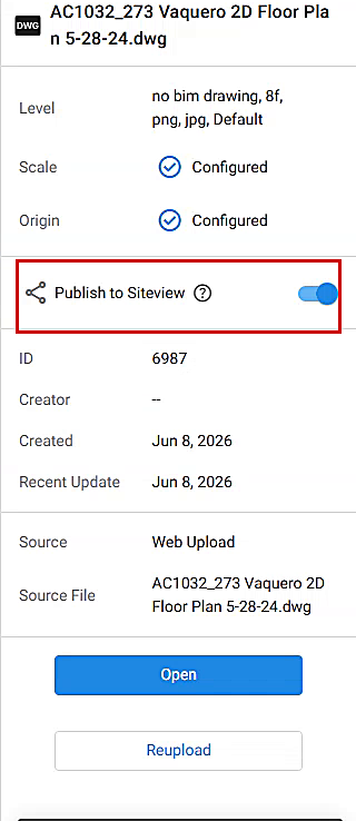 Publish to Siteview 토글이 표시된 Info Panel
