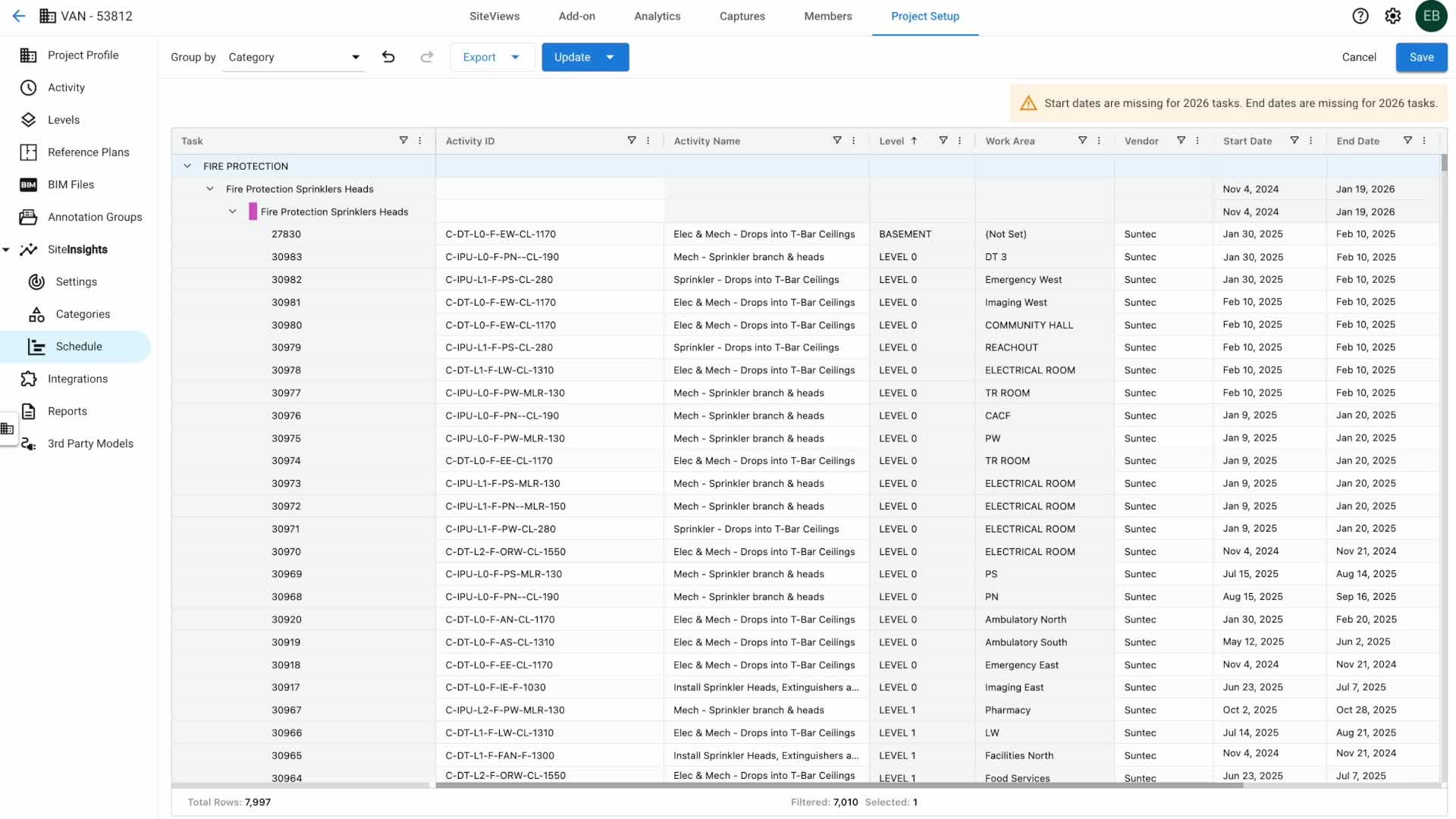 Activity ID, Activity Name, Level, Work Area, Vendor, Start Date, End Date가 채워진 상태로 OPC 액티비티가 표시된 일정 표