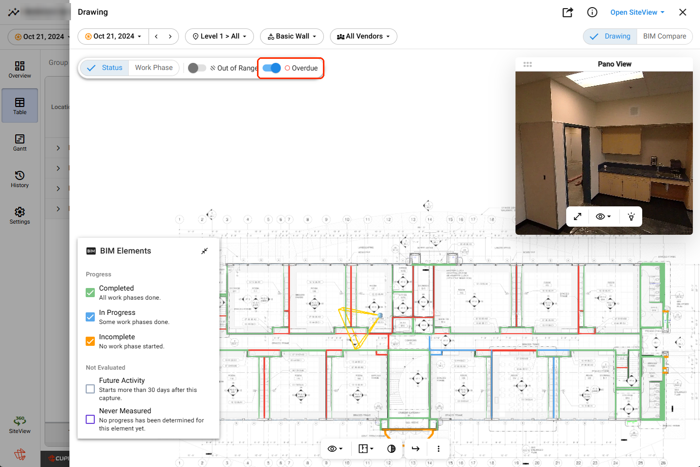 Drawing View with the Overdue switch turned on: overdue BIM elements are highlighted in red on the floor plan