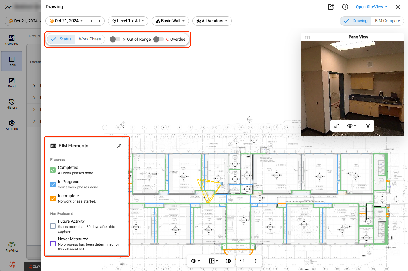 Drawing View: the Status / Work Phase toggle with the Out of Range and Overdue switches at the top-left, and the BIM Elements legend panel with the Progress and Not Evaluated groups at the bottom-left