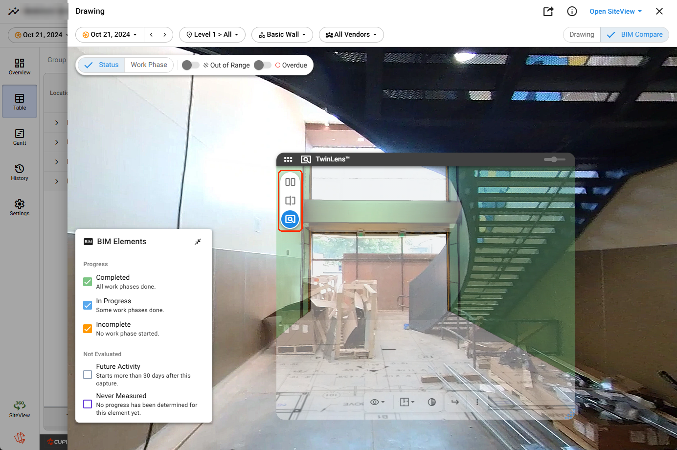 Drawing View in BIM Compare mode: the 360 panorama with the green as-planned BIM overlay, the TwinLens viewer with the Dual, Single Camera, and TwinLens mode buttons highlighted on its left, and the BIM Elements legend at the bottom-left