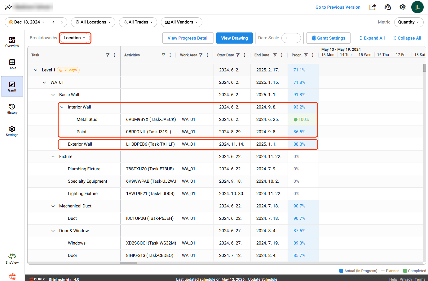 Gantt tab with the Breakdown by dropdown set to Location and the task tree expanded: Interior Wall shows one row per work phase (Metal Stud, Paint), while Exterior Wall shows its activity and work area on the subcategory row