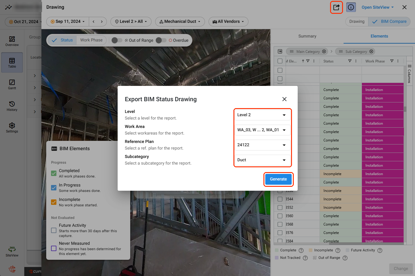 Drawing View 오른쪽 상단의 내보내기 아이콘으로 연 Export BIM Status Drawing 대화 상자: Level, Work Area, Reference Plan, Subcategory 선택 항목과 Generate 버튼 강조