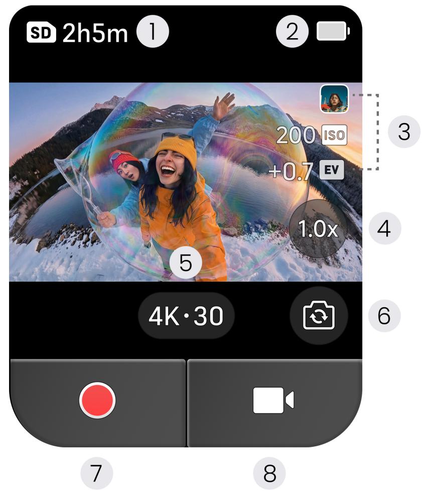 Insta360 X6 shooting screen with numbered areas 1 to 8